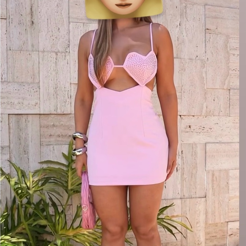 Embellished Pink Heart Cutout Mini Dress